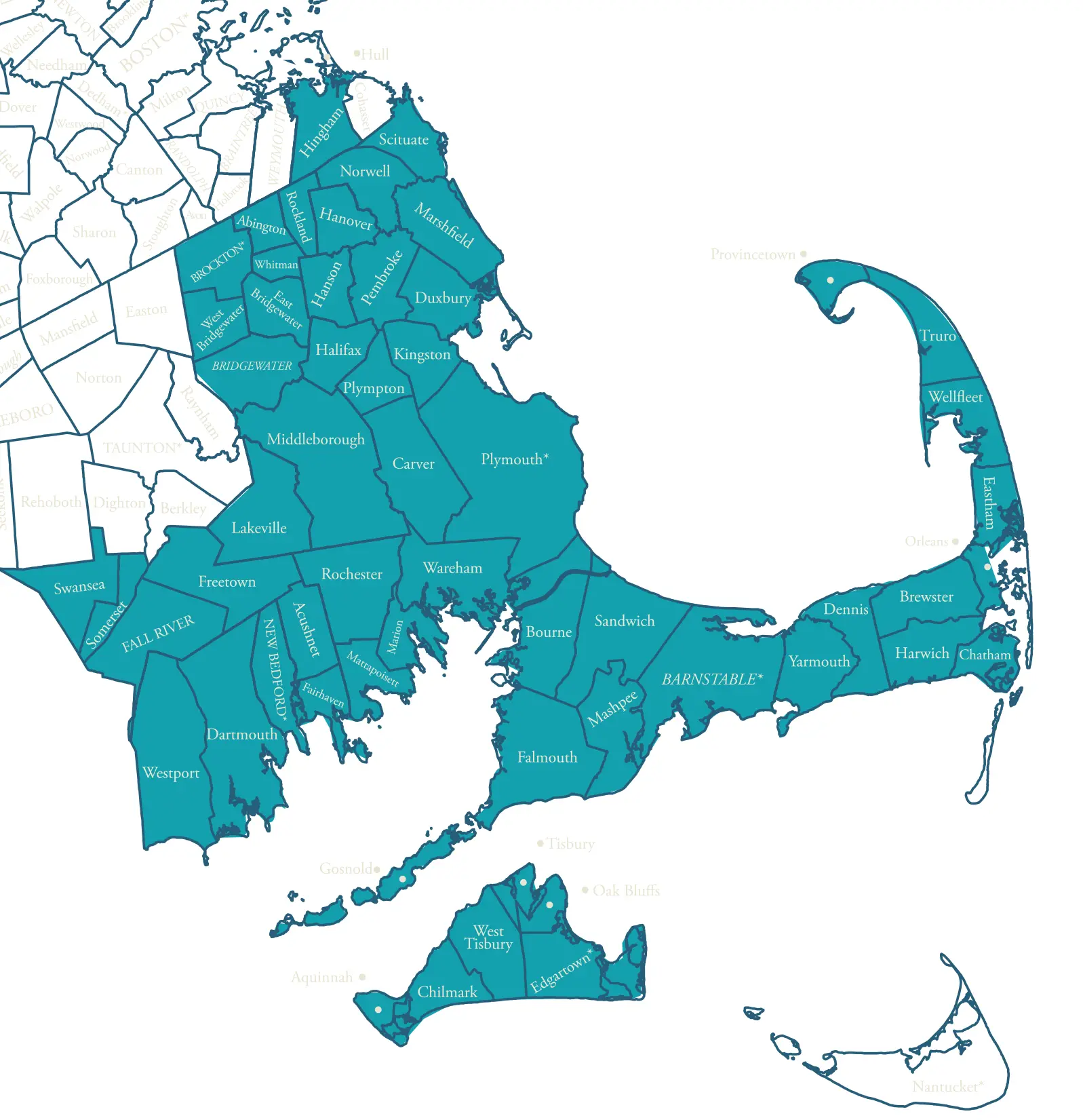 Map showing Junior Achievement of Southern Massachusetts service area across Southeastern Massachusetts and Cape Cod